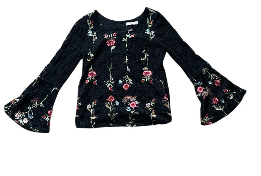 Black Lace Floral Blouse Womens Small Bell sleeves Whimsygoth Romantic Feminine